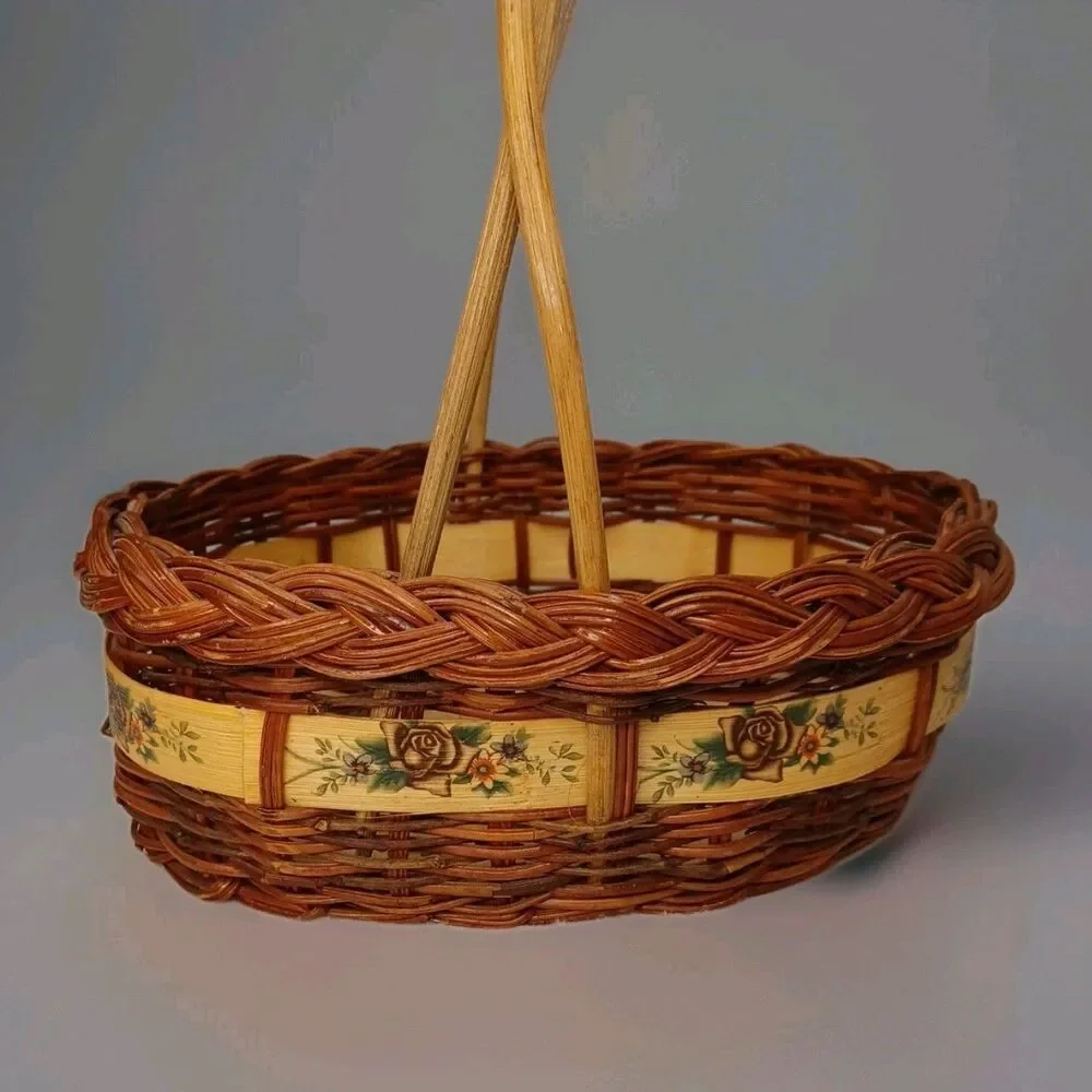 Wicker Woven Basket Porcelain Blue and White Flower Handles 8